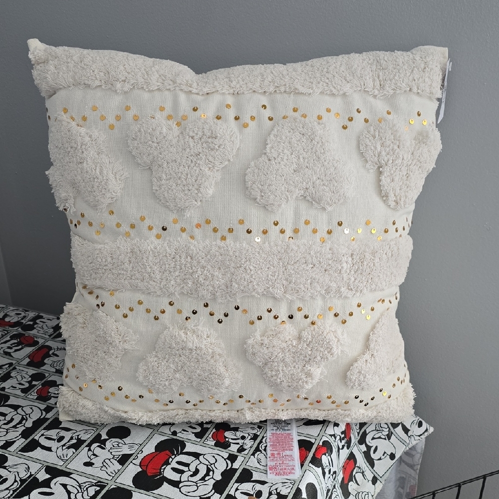 Disney Parks Square Pillow in white with Mickey Icon & Sequins